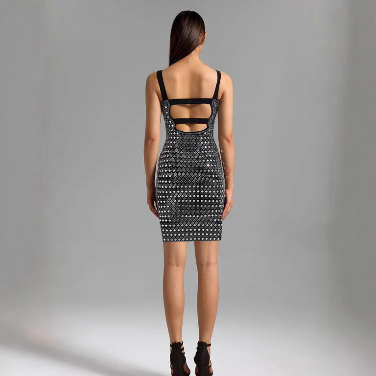 Rhinestone Mesh Sling Short Dress SAM100