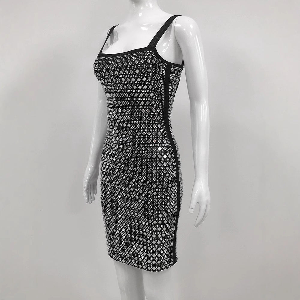 Rhinestone Mesh Sling Short Dress SAM100