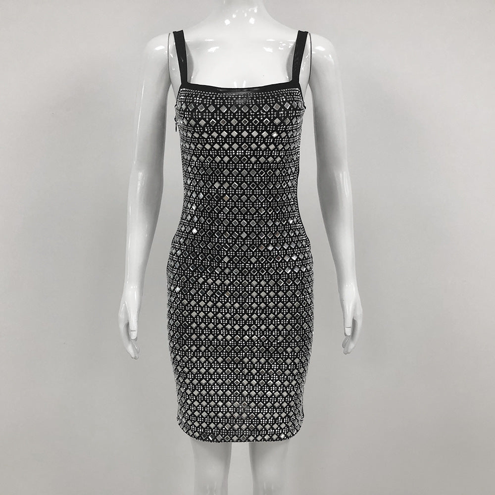 Rhinestone Mesh Sling Short Dress SAM100