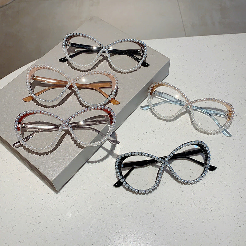 sunglasses goggles shades Style Ins Cat's Eye With Pearl Anti-blue Light Glasses