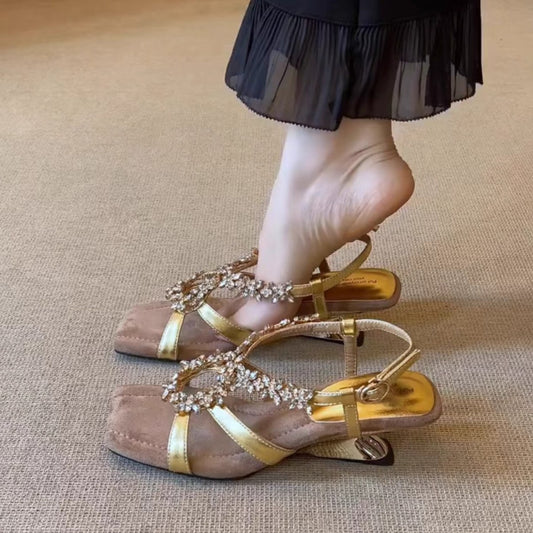 High-end gold rhinestone wedge sandals for women SAM299