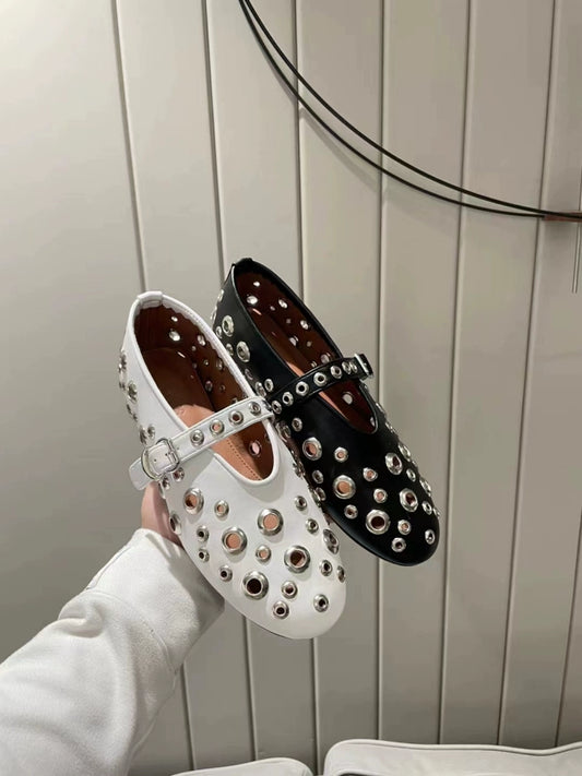 2025 new design sense rivet hole Mary Jane single shoes, juvenile leather flat strap hollow ballet shoes SAM106