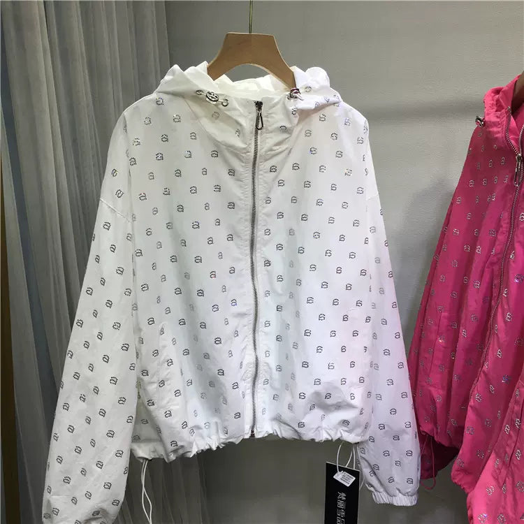 SFH heavy-duty hot diamond short jacket for women autumn and winter new hooded cardigan full of diamond SAM43