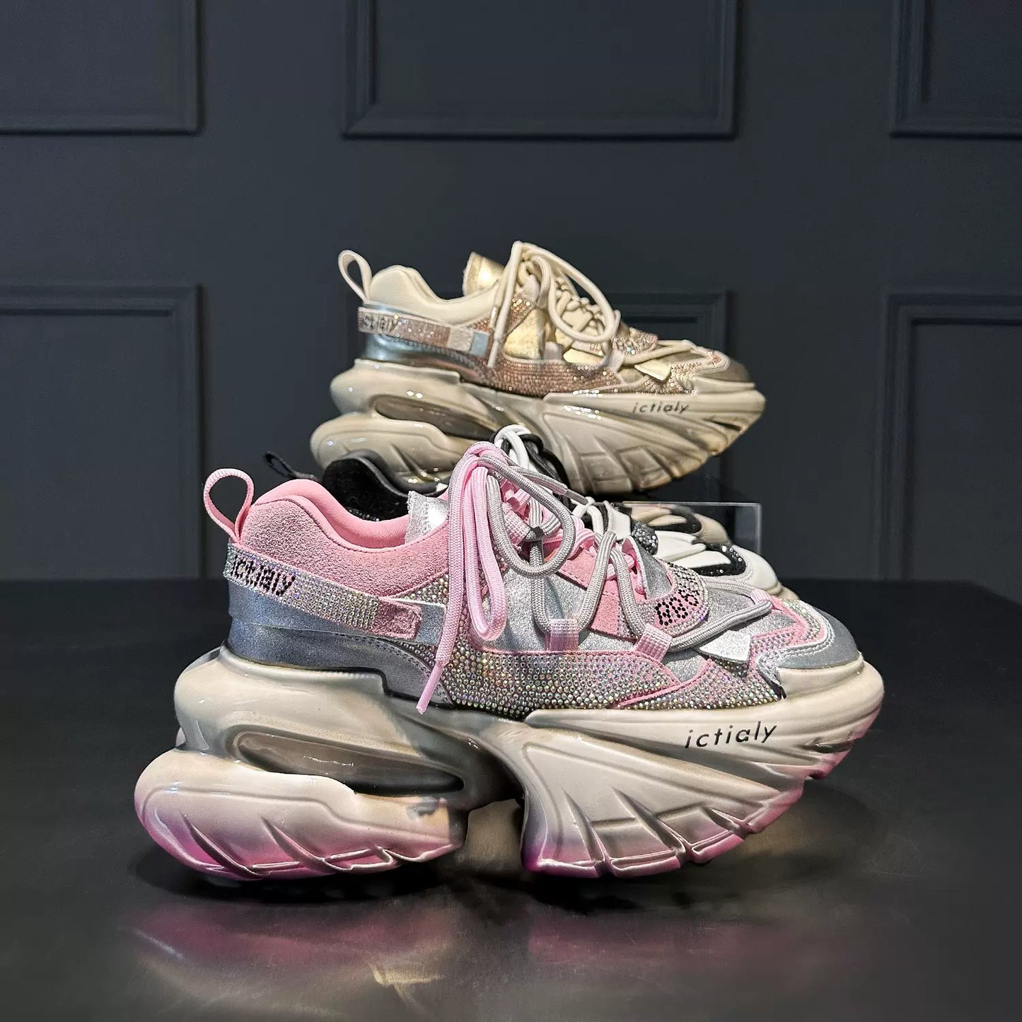 Genuine leather color matching style diamond sports dad shoes for women thick sole heightening jelly shoes SAM34