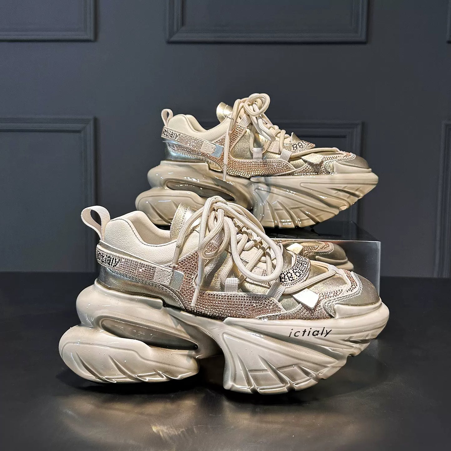 Genuine leather color matching style diamond sports dad shoes for women thick sole heightening jelly shoes SAM34