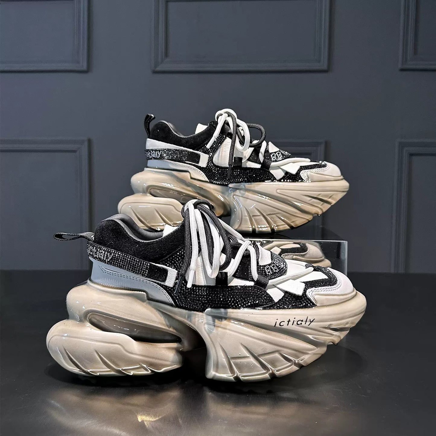 Genuine leather color matching style diamond sports dad shoes for women thick sole heightening jelly shoes SAM34