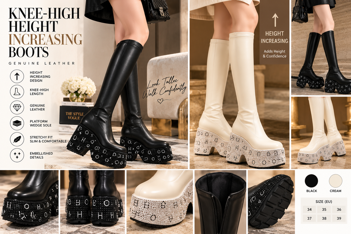 Luxury product collage of black and cream genuine leather knee-high height-increasing platform wedge boots with embellished soles, shown without visible model faces