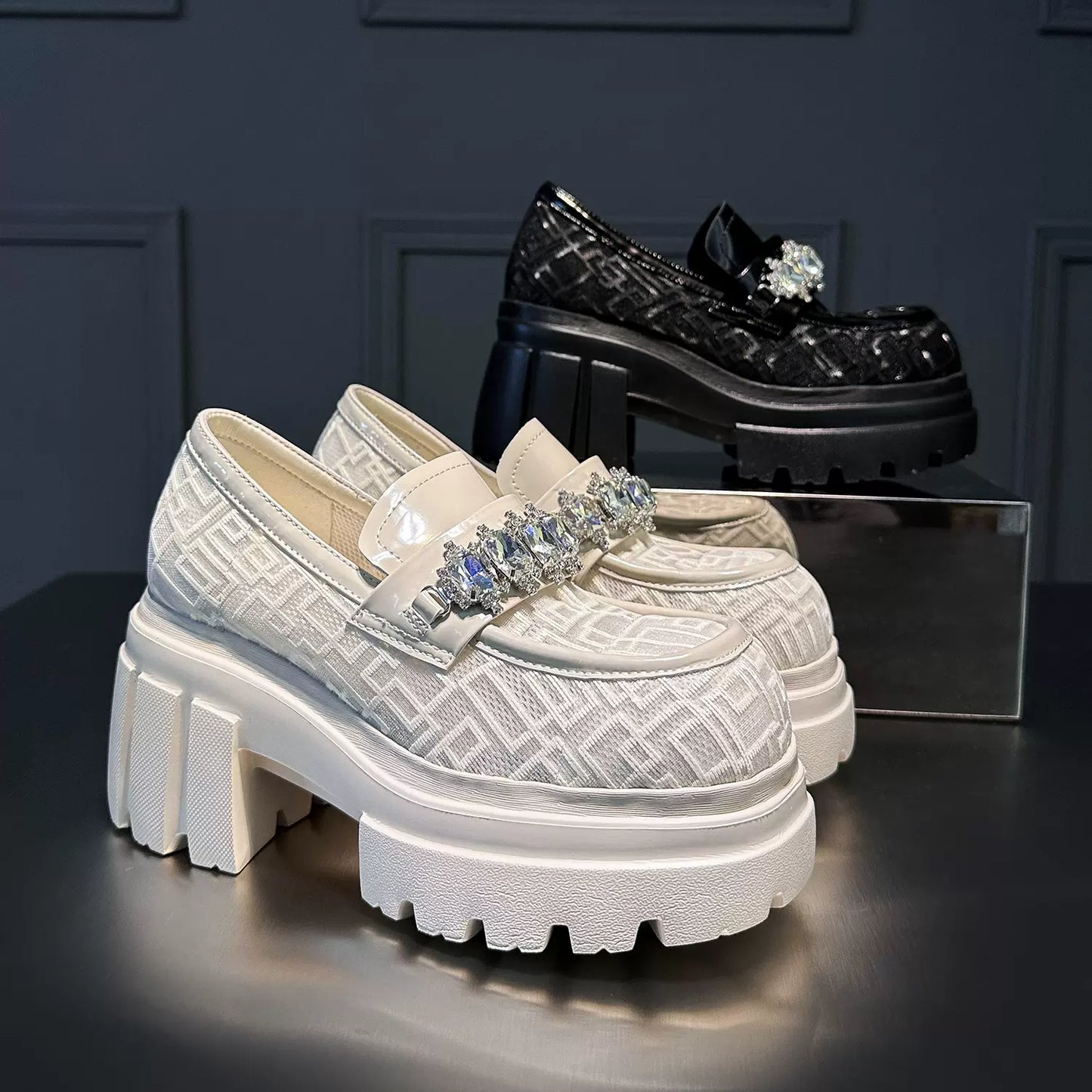 thick-soled genuine leather loafers for women new British style small height increase 9cm rhinestone shoes SAM41