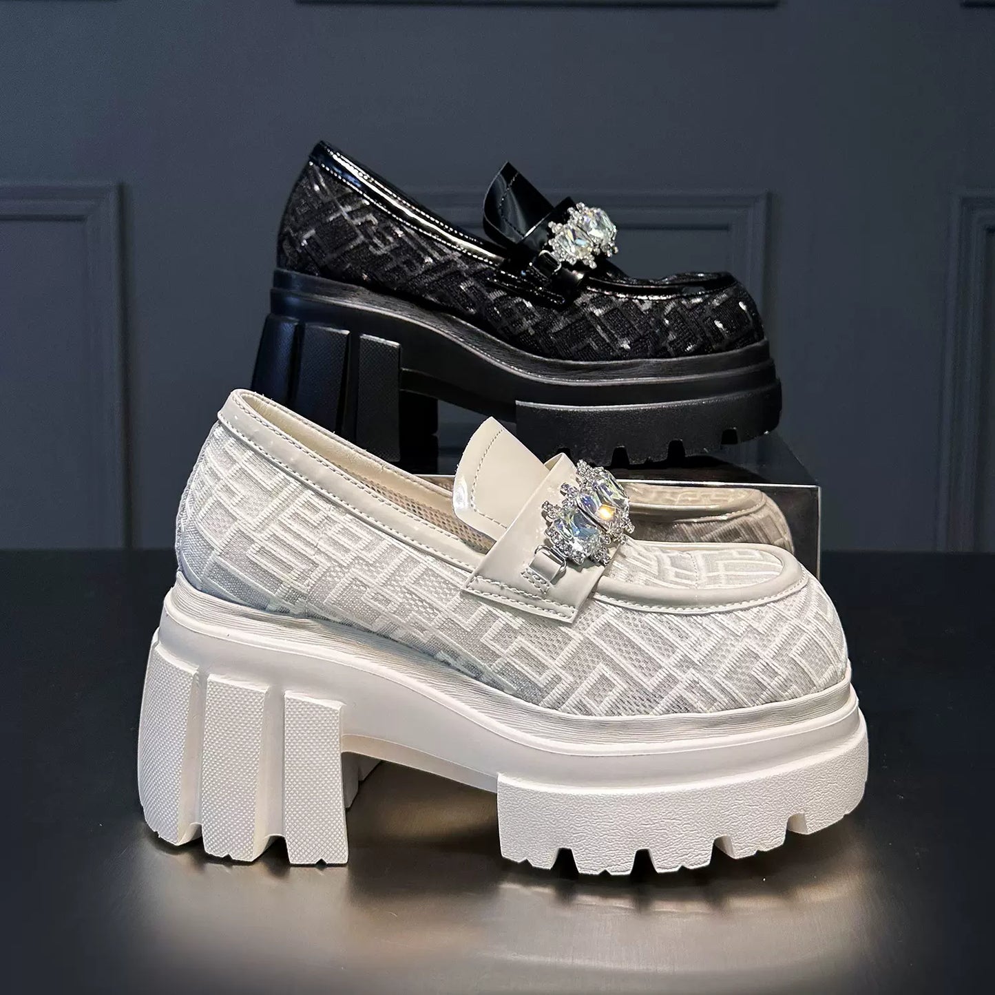 thick-soled genuine leather loafers for women new British style small height increase 9cm rhinestone shoes SAM41