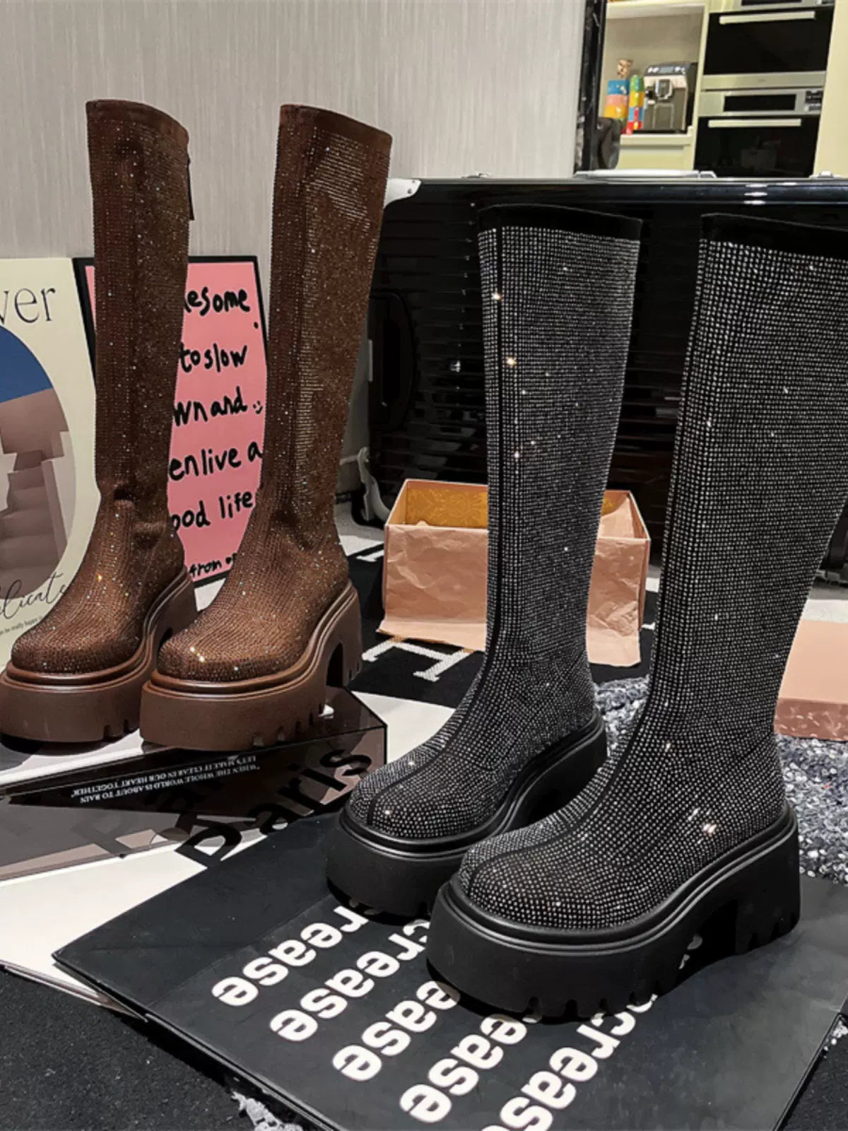 Martin boots for women with rhinestones, full of diamonds, thick heels, high heels, small size, super shiny partywear boots SAM25