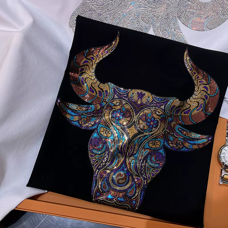 short-sleeved T-shirt men's 2024 summer new European goods trendy brand bull head hot diamond mercerized cotton high end tshirt SAM31