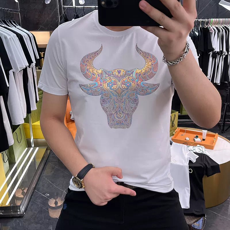 short-sleeved T-shirt men's 2024 summer new European goods trendy brand bull head hot diamond mercerized cotton high end tshirt SAM31