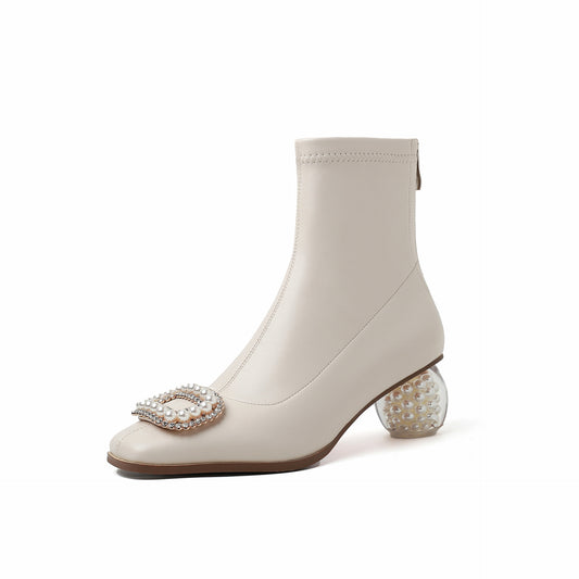 French high-heeled ankle fairy-style pearl square toe elastic boots SAM400