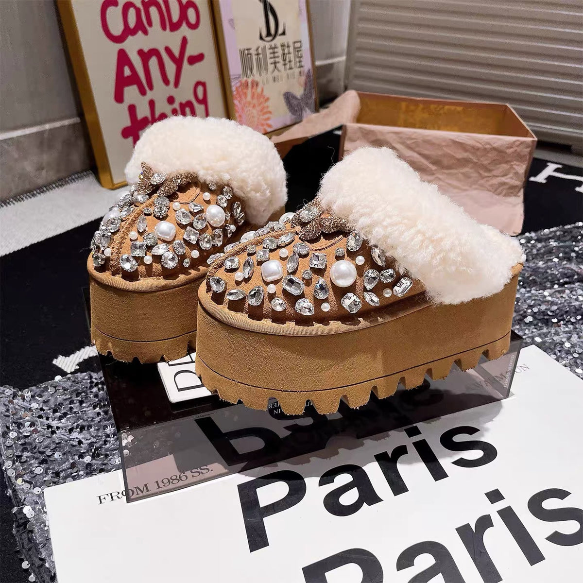 Tan brown chunky platform mule with crystal pearls and plush lining