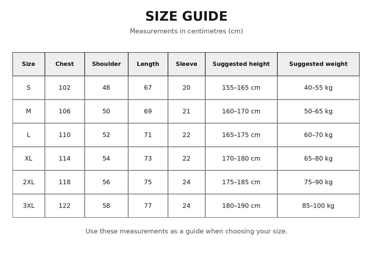 Plain English apparel size chart