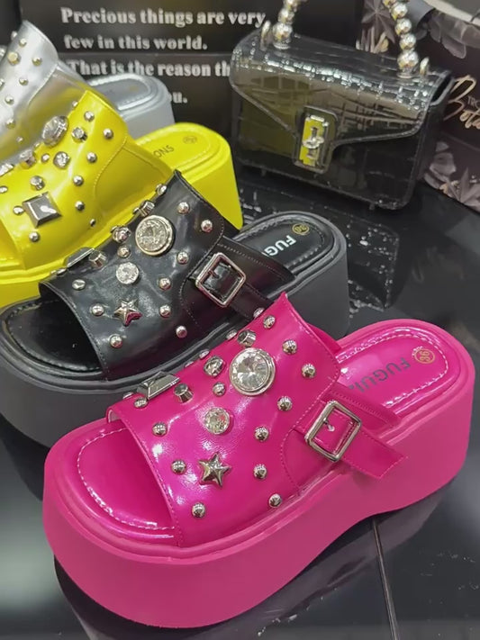 Sparkling Silver Platform Slides with Star Embellishments | TheStyleVogue.com SAM610