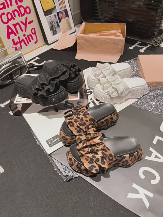 summer rhinestones full-diamond ruffle-edged thick-soled sponge cake one-line sandals with leopard print shoes flip flop for women SAM301