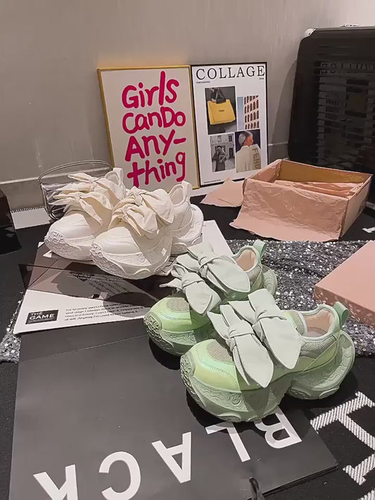 Dad shoes women ins super hot bow ballet style thick sole sponge cake small flying tail white shoes sneakers women's heightening shoes SAM604