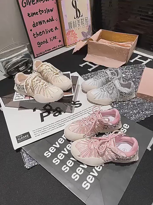 ins super hot rhinestone lace-up niche ballet style casual shoes German training shoes silver heel flat sports women's shoes SAM106