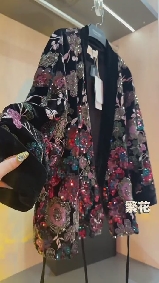 women's retro light luxury celebrity style flower sequined jacket national style tops rich jacket SAM48