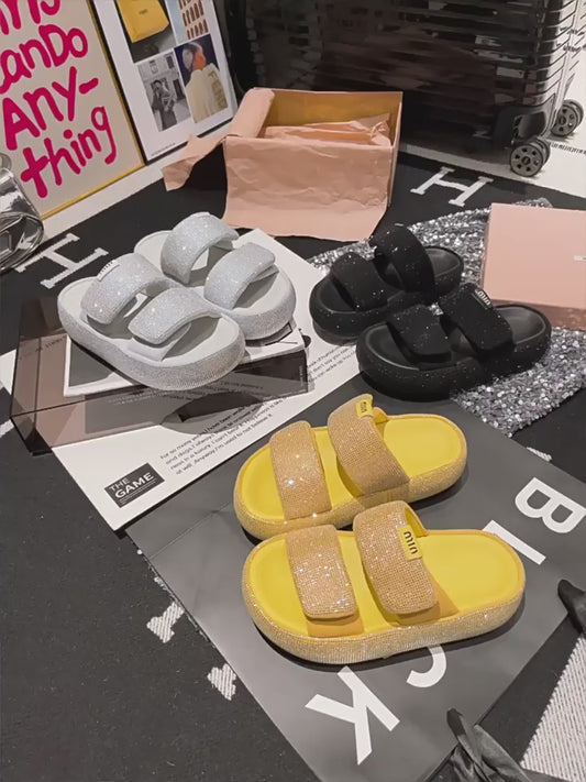 rhinestone full diamond Velcro one-line open-toe bread shoes thick-soled sponge cake flash yellow sandals SAM600