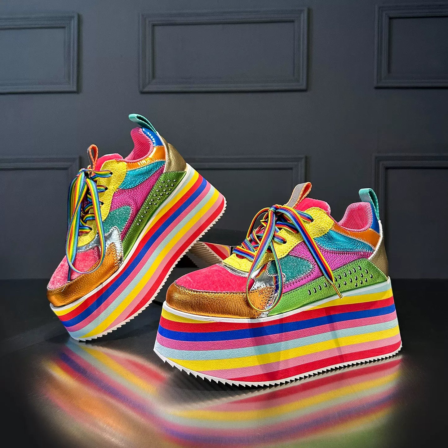 rainbow color thick bottom platform shoes women's spring and autumn new genuine leather heightening shoe SAM40