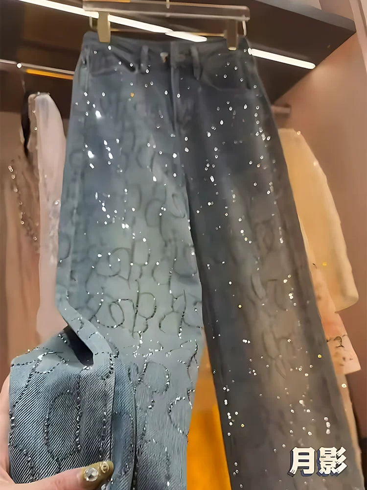 Hot diamond jeans for women summer winter autumn new design high waist heavy diamond loose straight wide leg pants SAM46