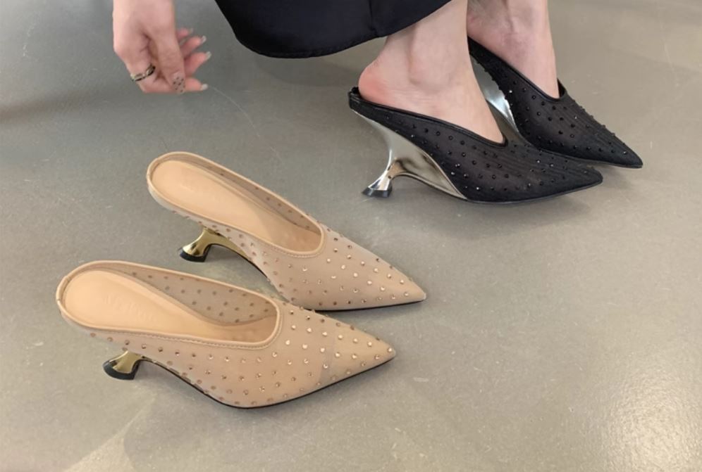 SFH  Purely handmade rhinestone pointed toe toe shoes mesh breathable special shaped high heel half slippers trending heels
