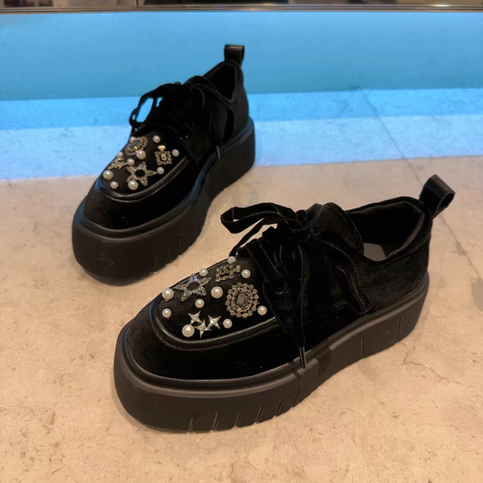 Luxury heavy industry rhinestone gold velvet thick-soled women's shoes 2024 new fashion casual loafers versatile platform shoes SAM59