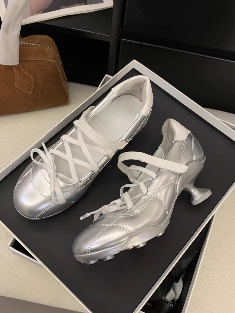 2025 Spring New Silver Cross Strap Ballet Shoes Women Bowknot High Heels Niche Design Mary Jane Shoes SAM107