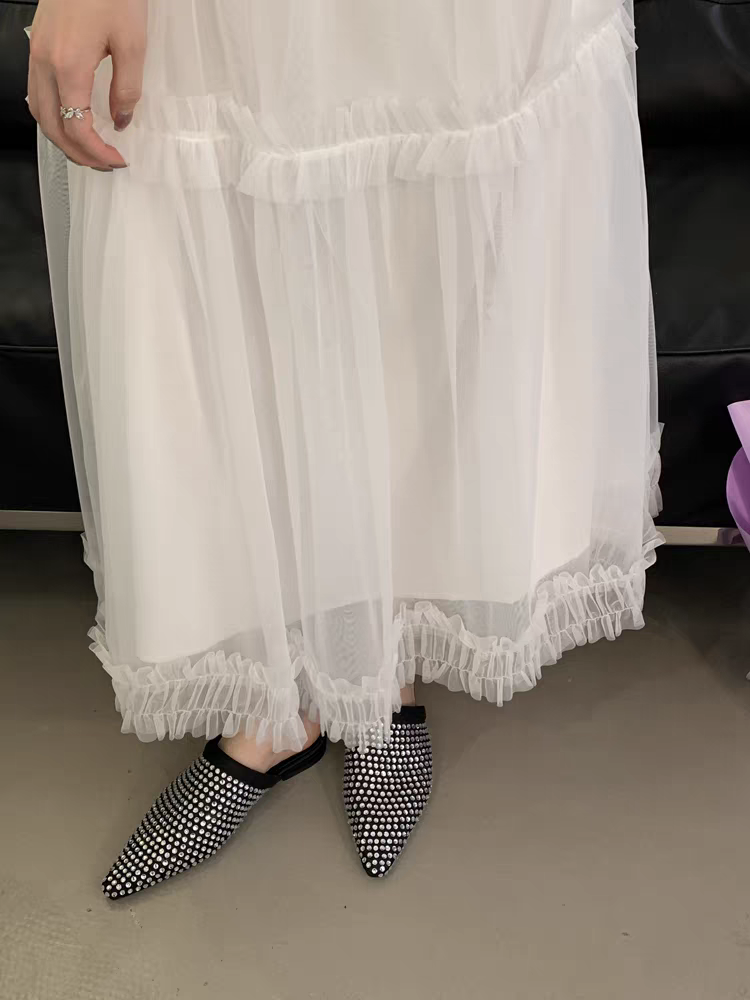 Niche retro pointed full diamond half slippers for women 2025 new hollow slim all-match flat-bottomed outer wear single shoes SAM209