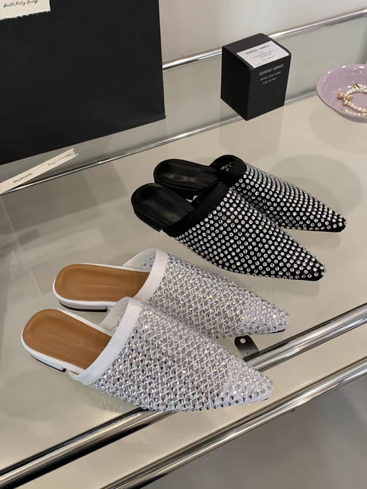 Niche retro pointed full diamond half slippers for women 2025 new hollow slim all-match flat-bottomed outer wear single shoes SAM209