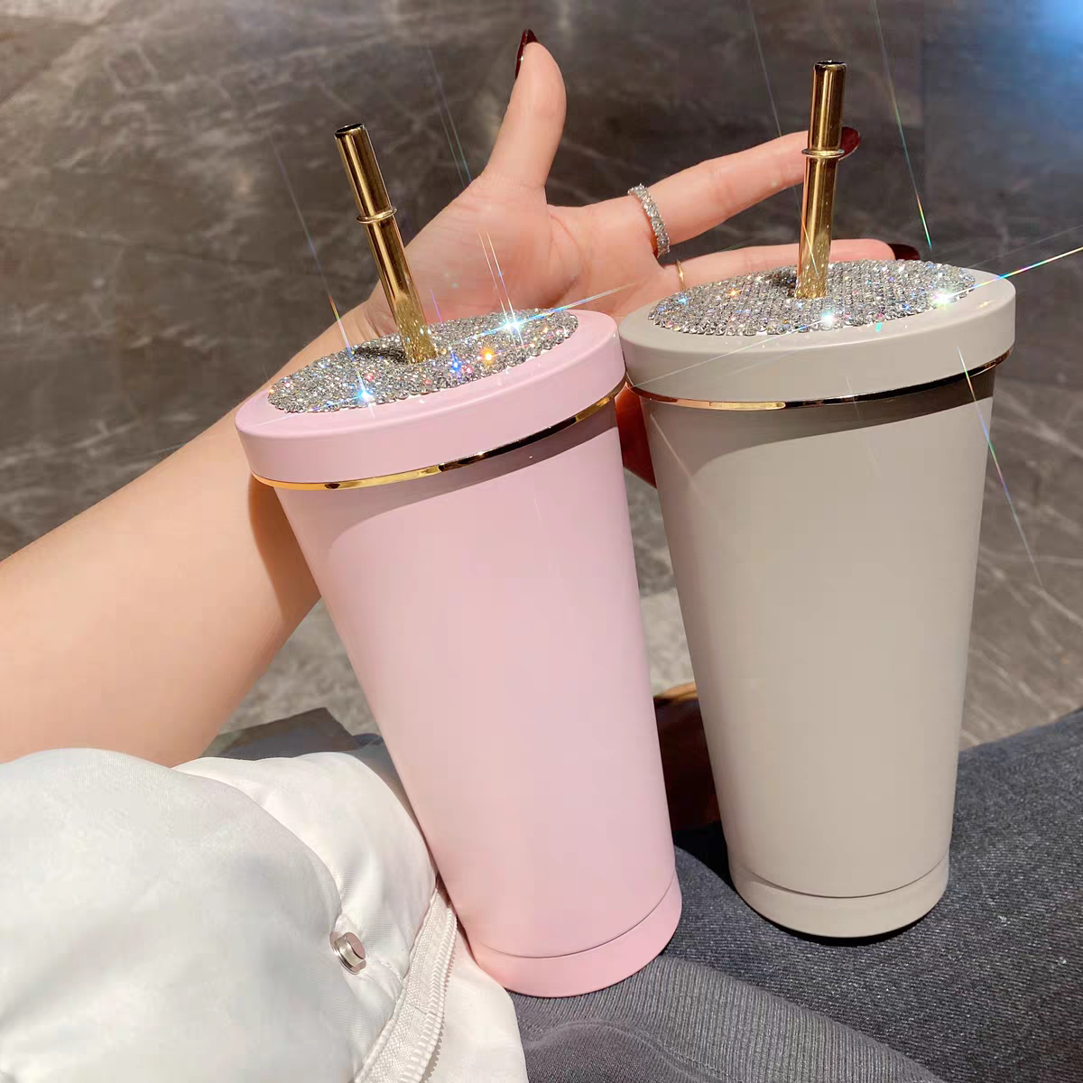 ins trendy colorful straw cup high value light luxury diamond inlaid stainless steel water cup exquisite creative car cup SAM300