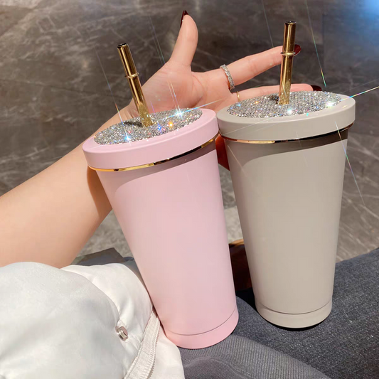 ins trendy colorful straw cup high value light luxury diamond inlaid stainless steel water cup exquisite creative car cup SAM300