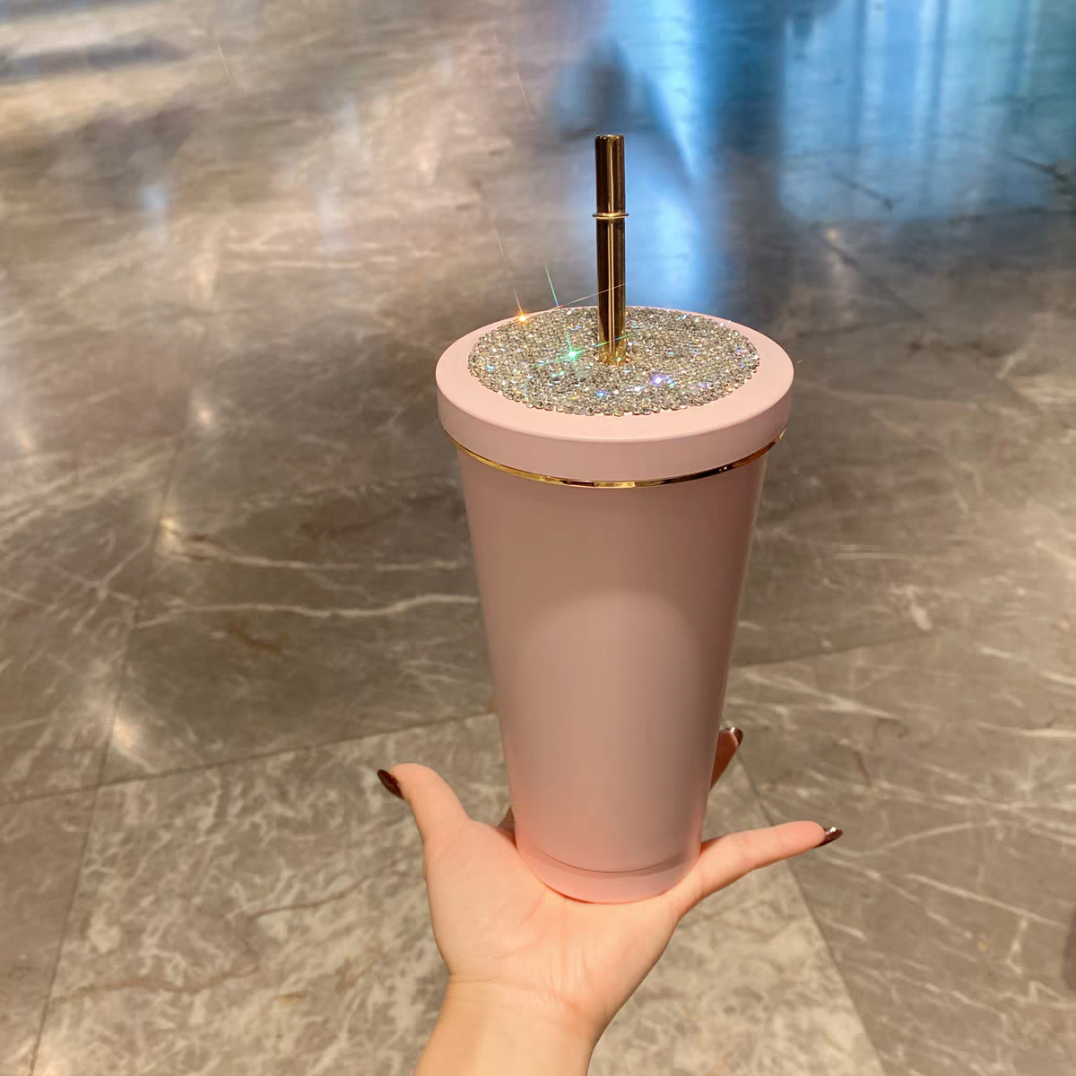 ins trendy colorful straw cup high value light luxury diamond inlaid stainless steel water cup exquisite creative car cup SAM300