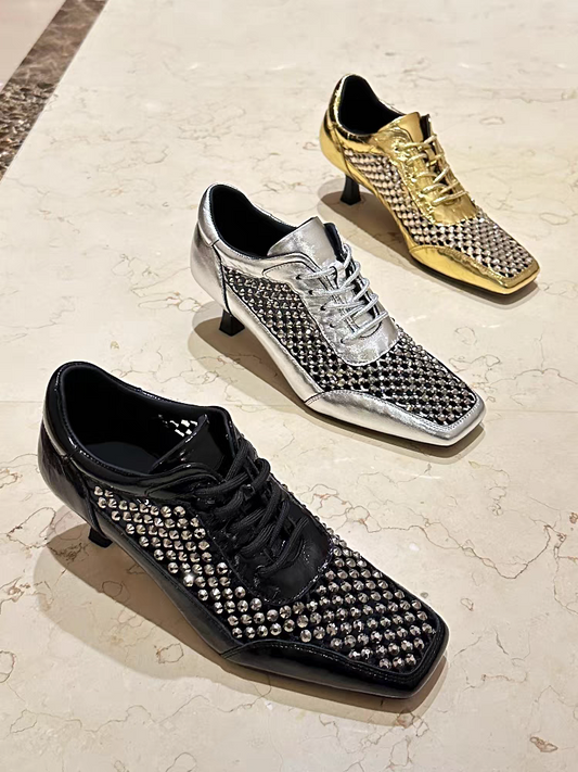 Sports shoe heels 2025 summer new women's shoes pointed toe stiletto hollow rhinestone mesh leisure sports high heels trendy SAM671