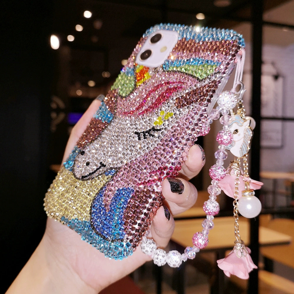 Austrian Czech Stones Suitable for iphone15pro max apple 14 mobile phone case 8plus high-grade with pearl hanging rhinestone 12 cartoon unicorn 11 protection iPhone covers SAM51