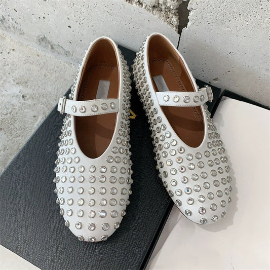 High version new genuine leather round head rhinestone rivet  women's flat bottom comfortable shoes SAM6