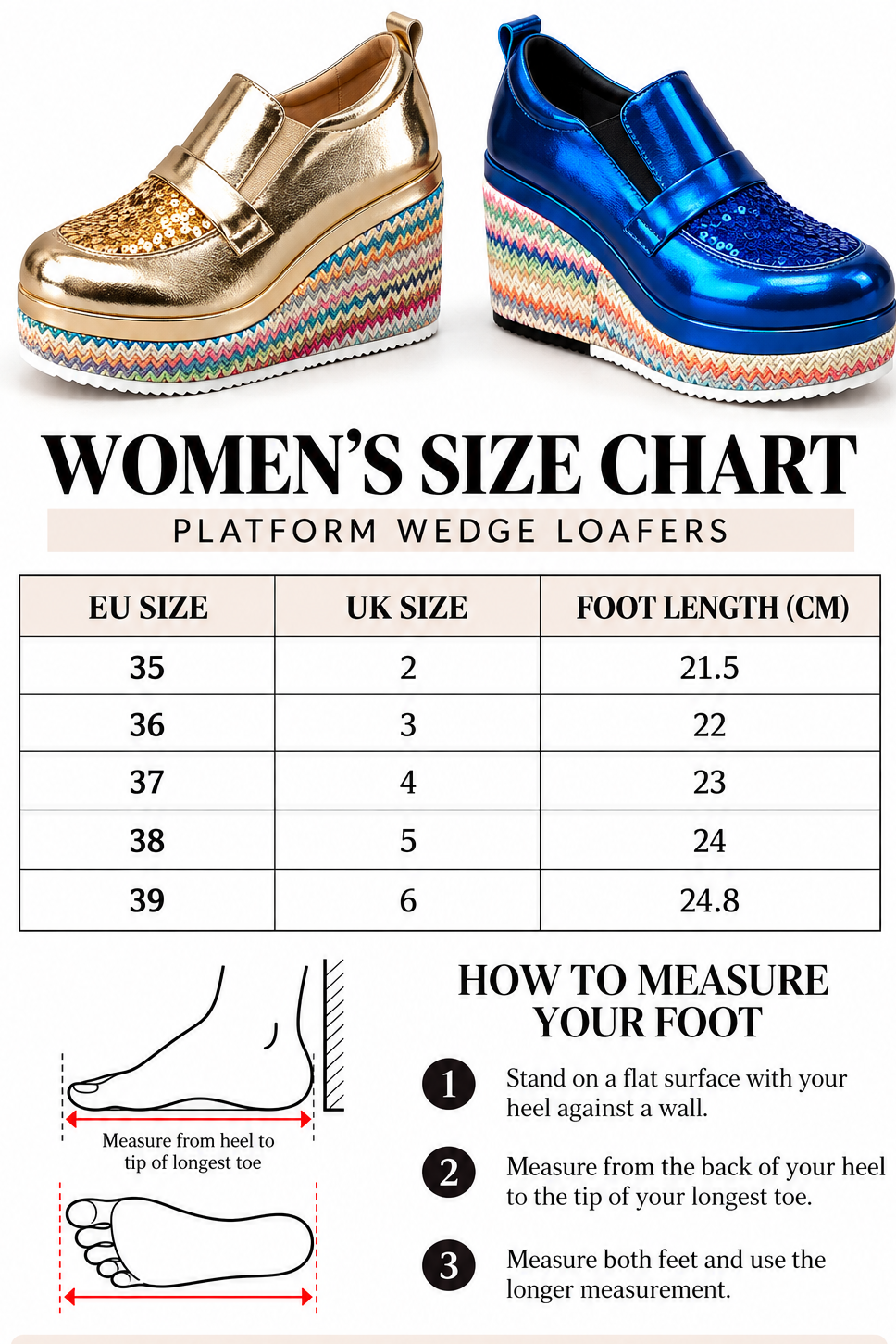 Women's platform wedge loafers EU 35–39 size chart with UK sizes, foot lengths and measuring instructions; contact us to confirm EU 34 sizing