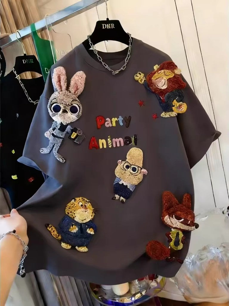 Dark grey Party Animal embroidered graphic T-shirt with colourful character patches