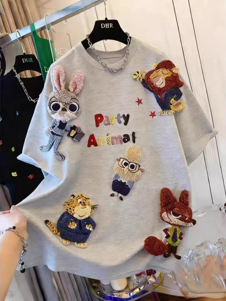 Light grey Party Animal embroidered graphic T-shirt with colourful character patches