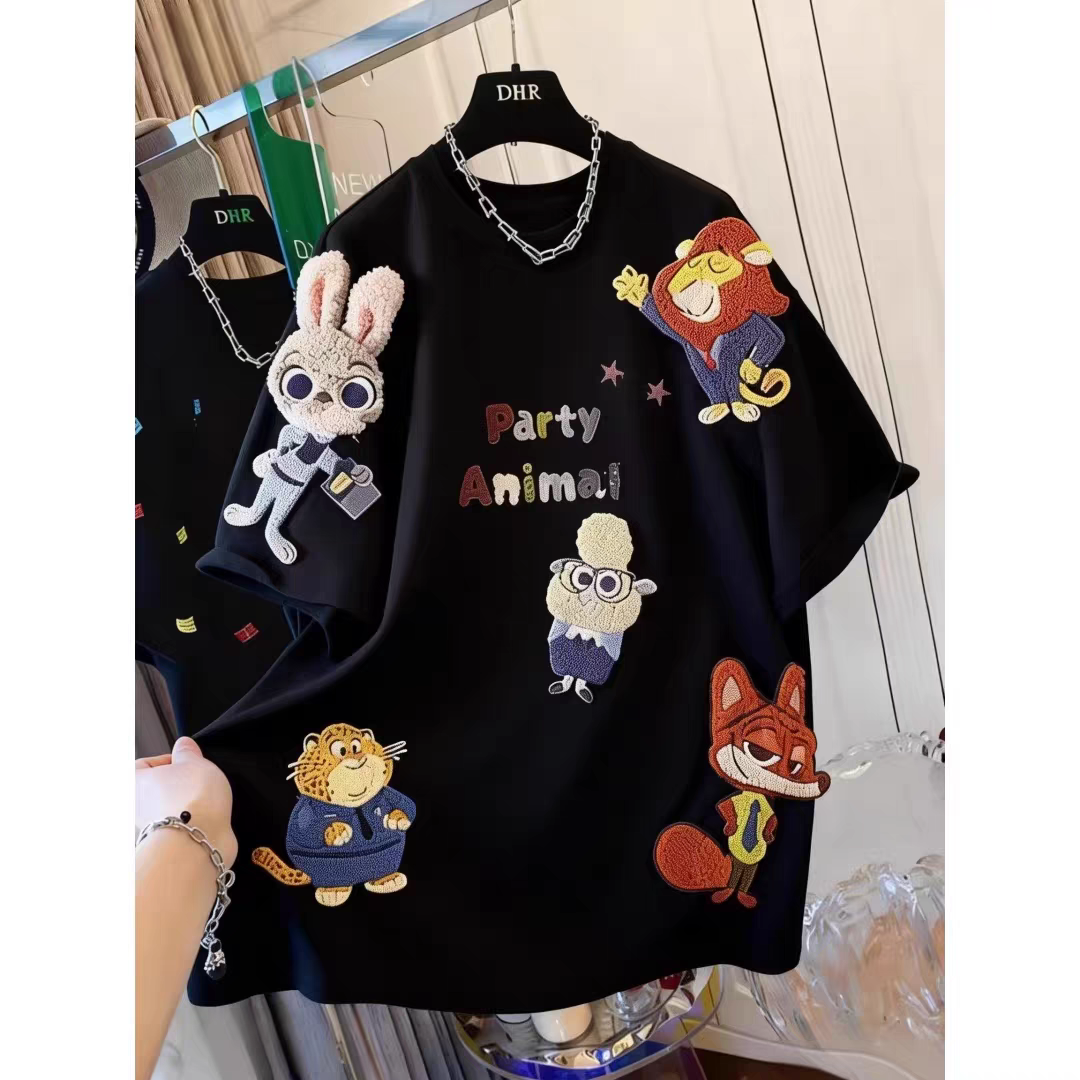 Black Party Animal embroidered graphic T-shirt with colourful character patches