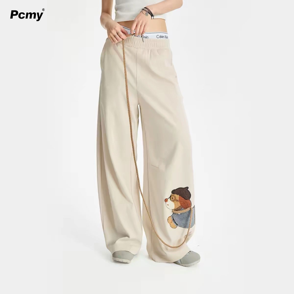 Tame Your Own Dog Wide-Leg Casual Pants with Cute Dog Print & Rope Detail SAM56