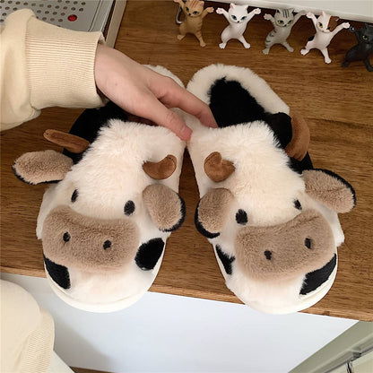 Cute Cow Animal Slipper For Women Girls Fashion Kawaii Soft Fluffy Winter Warm Slippers Woman Cartoon Milk Cow House Slippers Funny Shoes SAM71