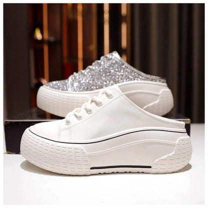 Women's White Platform Mule Sneakers – Chunky Slip-On Canvas Shoes | back open