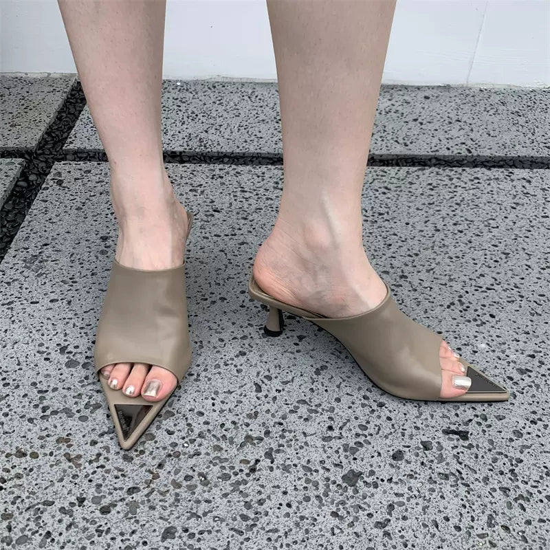 SFH  Summer New Internet Celebrity Fashion Versatile Pointed Open Toe Stiletto Heel Medium Heel Slippers High heel