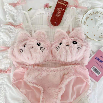 SFH style sweet winter fluffy cute girl cat comfortable bra set girls cartoon lingerie set SAM10