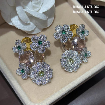 Luxury Crystal Floral Statement Earrings – Green & Champagne Stones