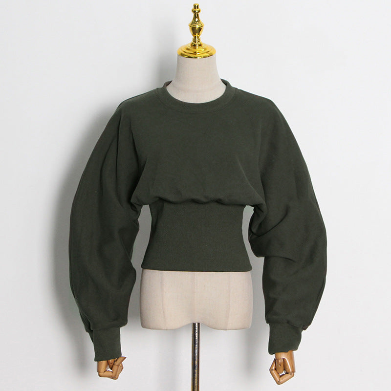 Dark Green Round Neck Pullover Commuter Waist Trimming Short Sweater SAM71