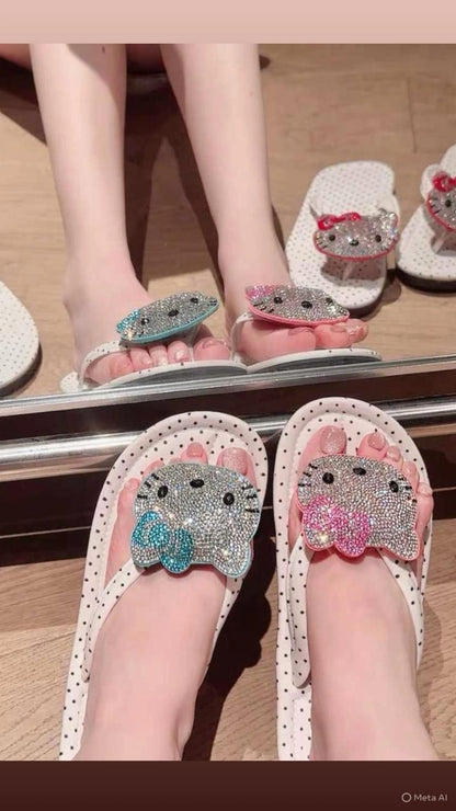 Rhinestone Kitty Flip Flops for Women – Cute Polka Dot Summer Slippers